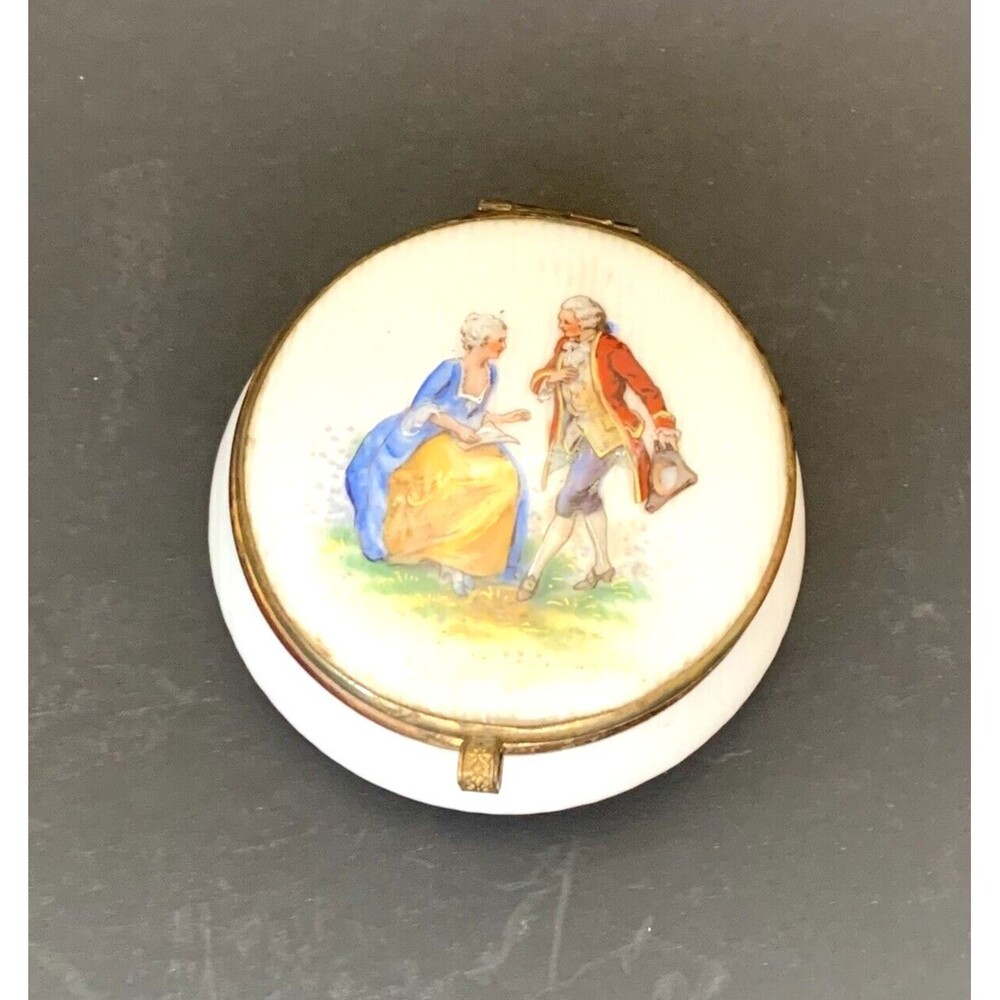 Vintage Porcelain Hinged Makeup Trinket Box w/ Mirror Victorian Couple